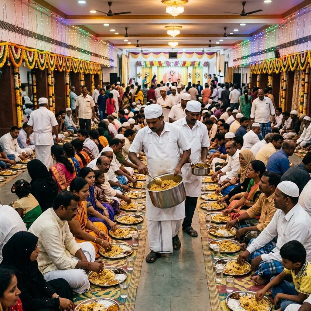 Serving biryani to seated guests